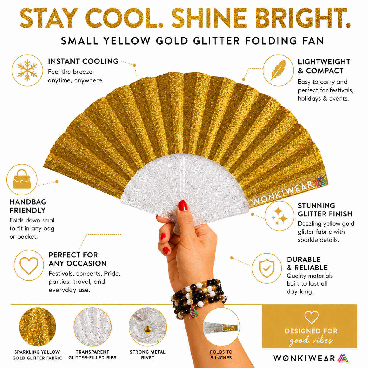 Small Folding Fan - Yellow Gold Glitter