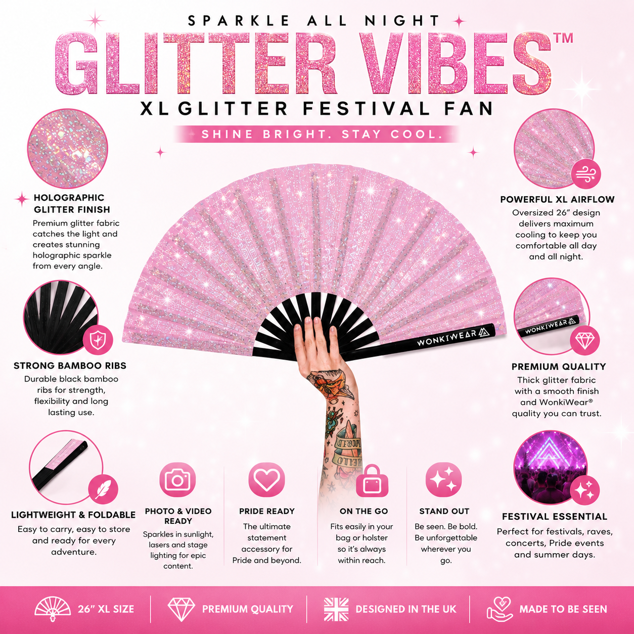 Light Pink Glitter XL Festival Fan