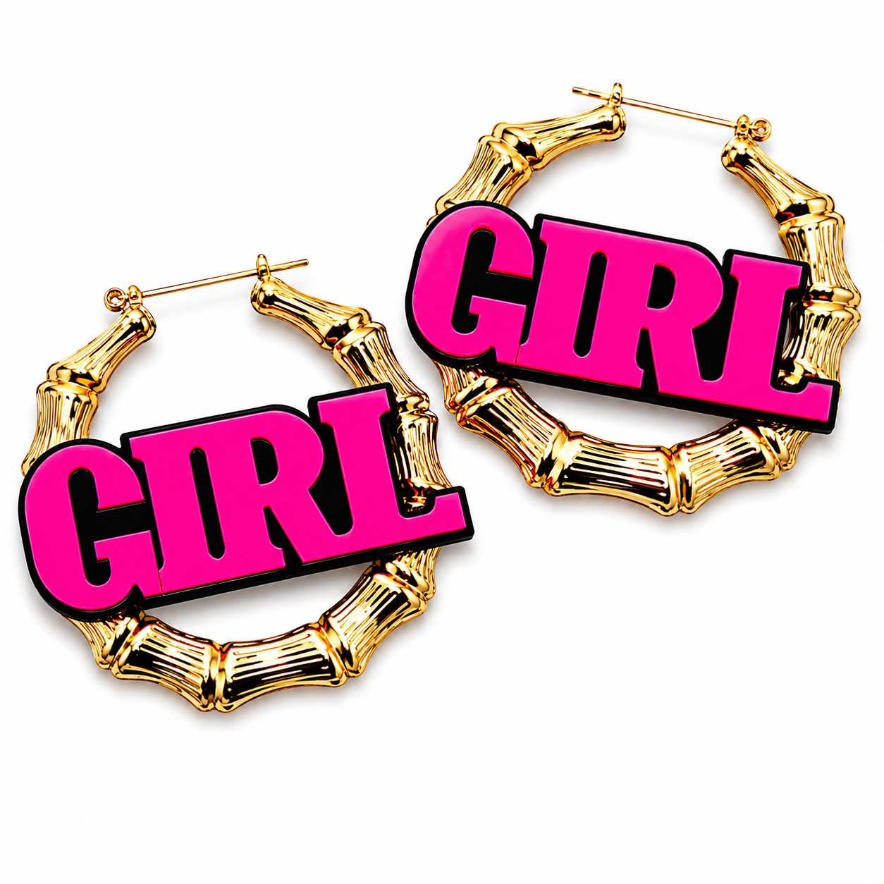 Supersized Gold Bamboo Hoop Earrings with Neon Pink Girl Charm