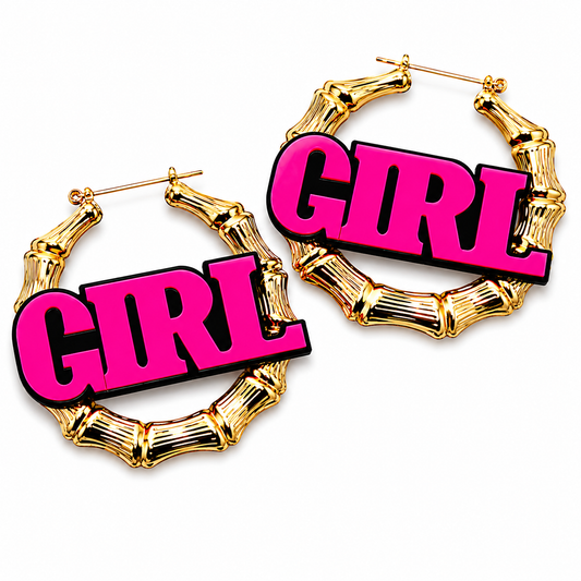 Supersized Gold Bamboo Hoop Earrings with Neon Pink Girl Charm