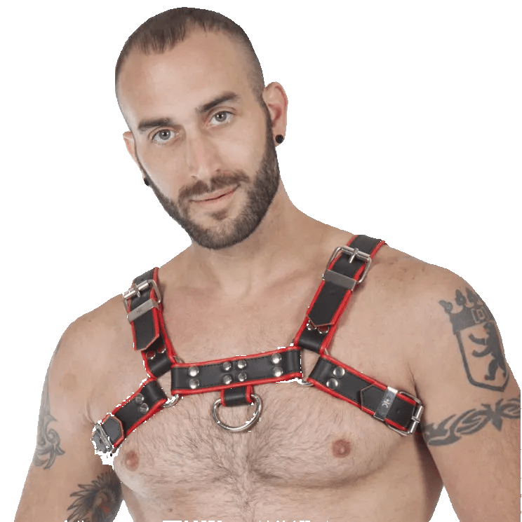 Titus H - Front Leather Chest Harness | Black & Red - The Pup Play Hub