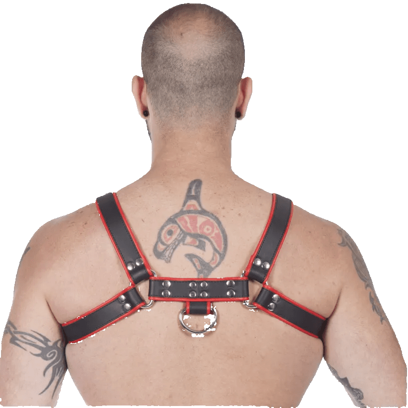 Titus H - Front Leather Chest Harness | Black & Red - The Pup Play Hub