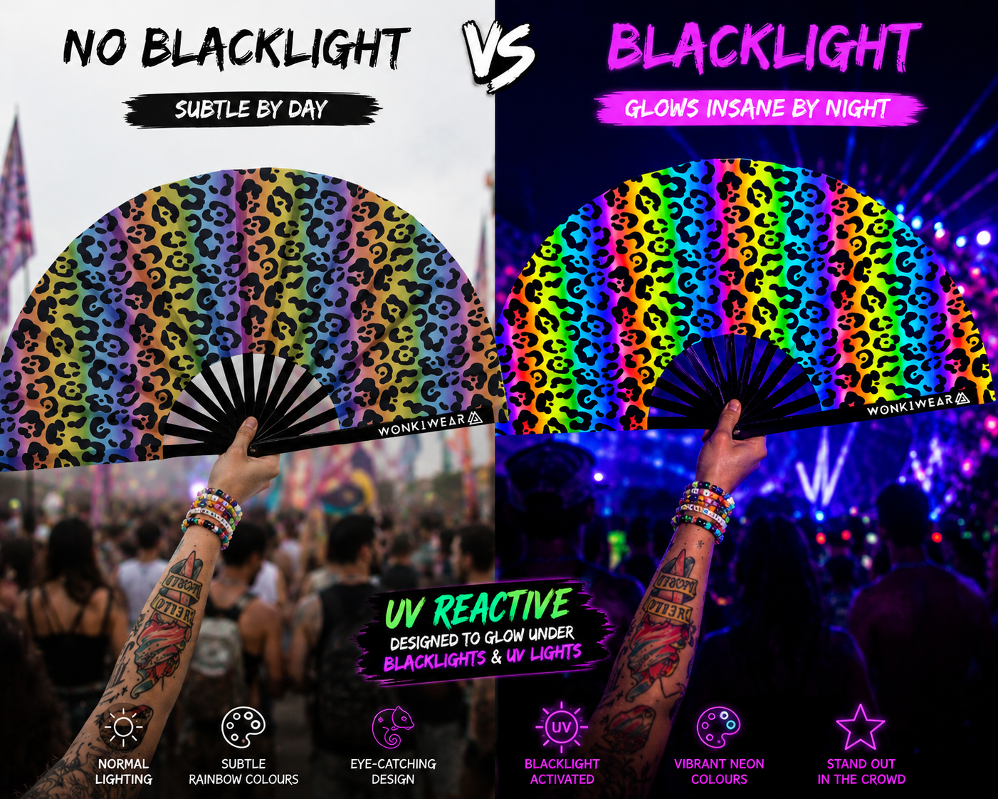 Rainbow Leopard XL UV Reactive Festival Fan