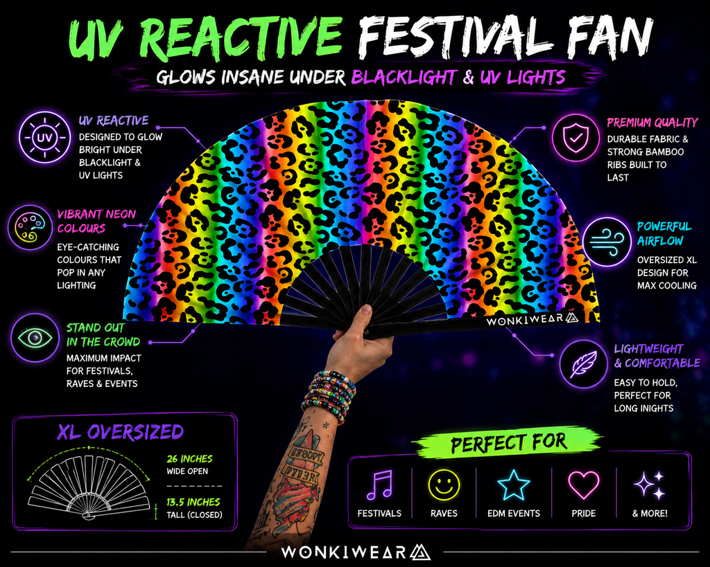 Rainbow Leopard XL UV Reactive Festival Fan
