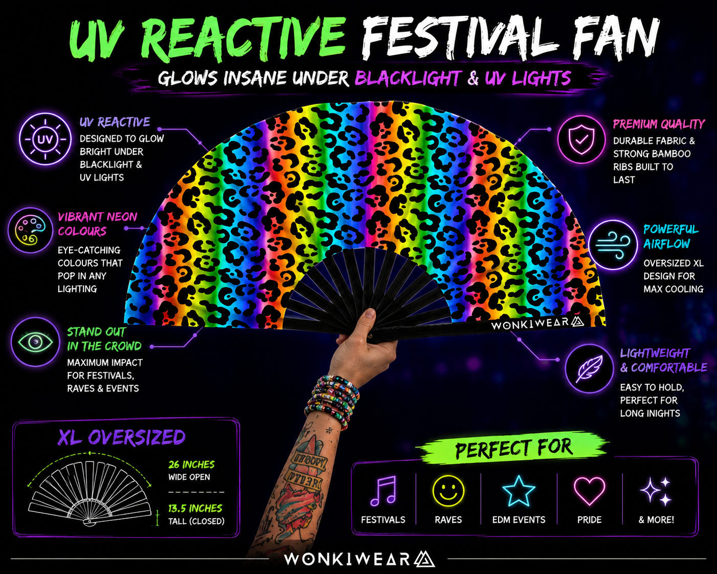 Rainbow Leopard XL UV Reactive Festival Fan