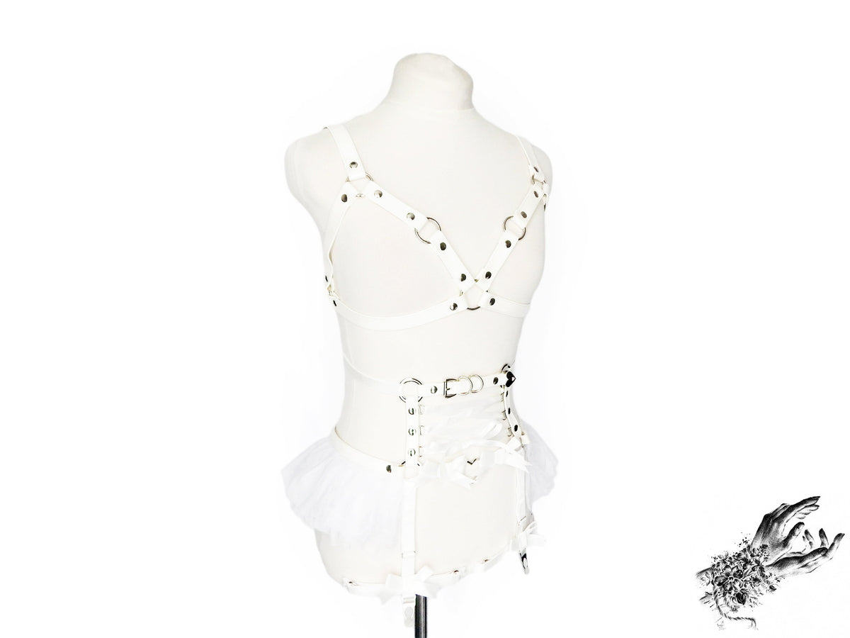 White Vegan Leather Cage and Corset Harness Set