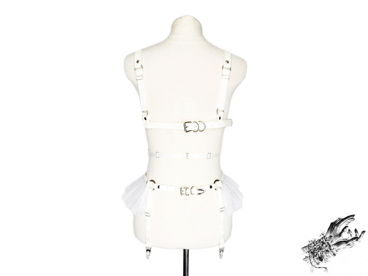 White Vegan Leather Cage and Corset Harness Set