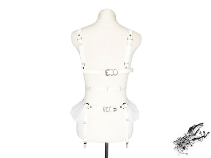 White Vegan Leather Cage and Corset Harness Set