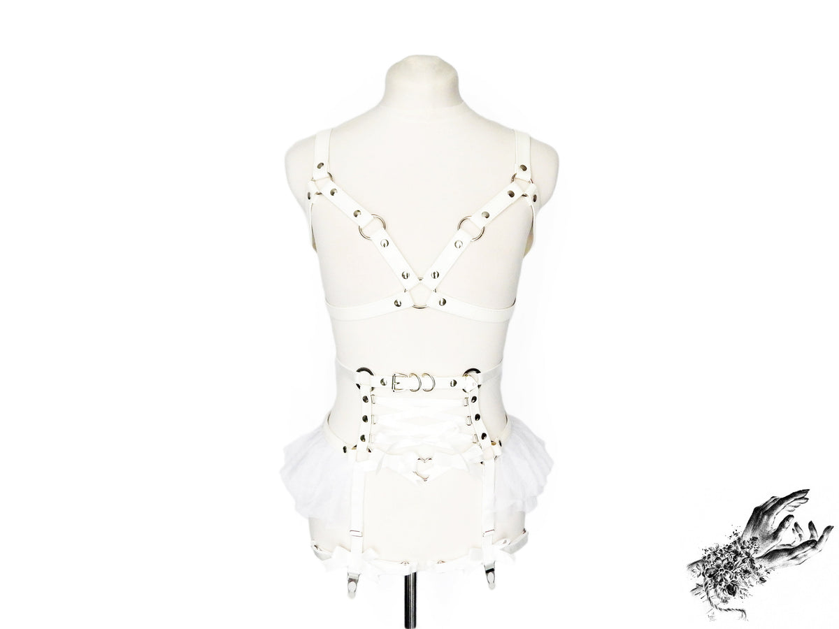 White Vegan Leather Cage and Corset Harness Set