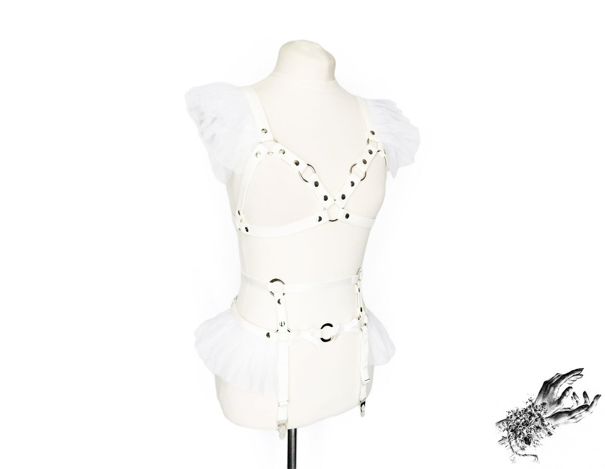 White Vegan Leather Caged Mesh Body Harness Set