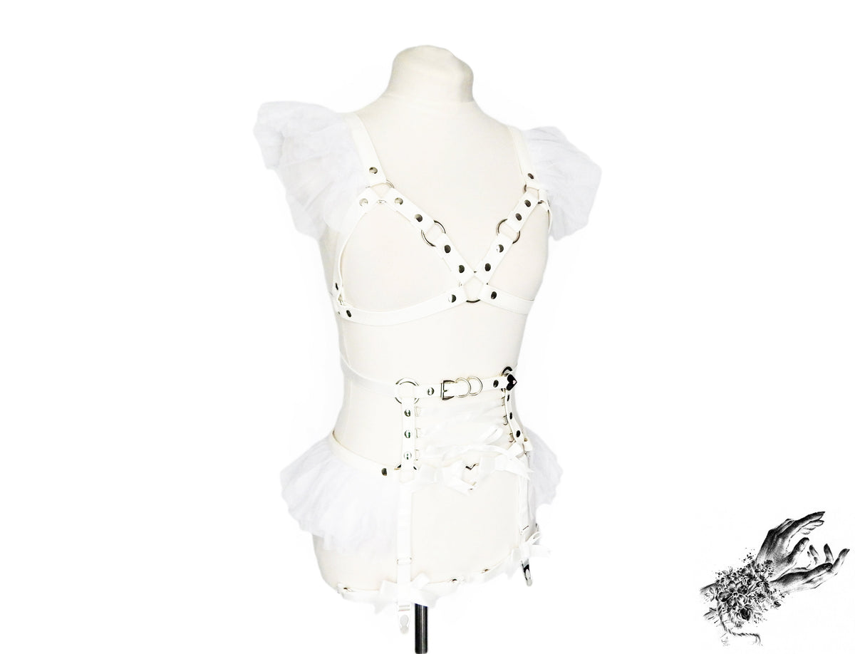 White Vegan Leather Corset Harness Set