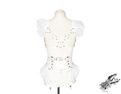 White Vegan Leather Corset Harness Set
