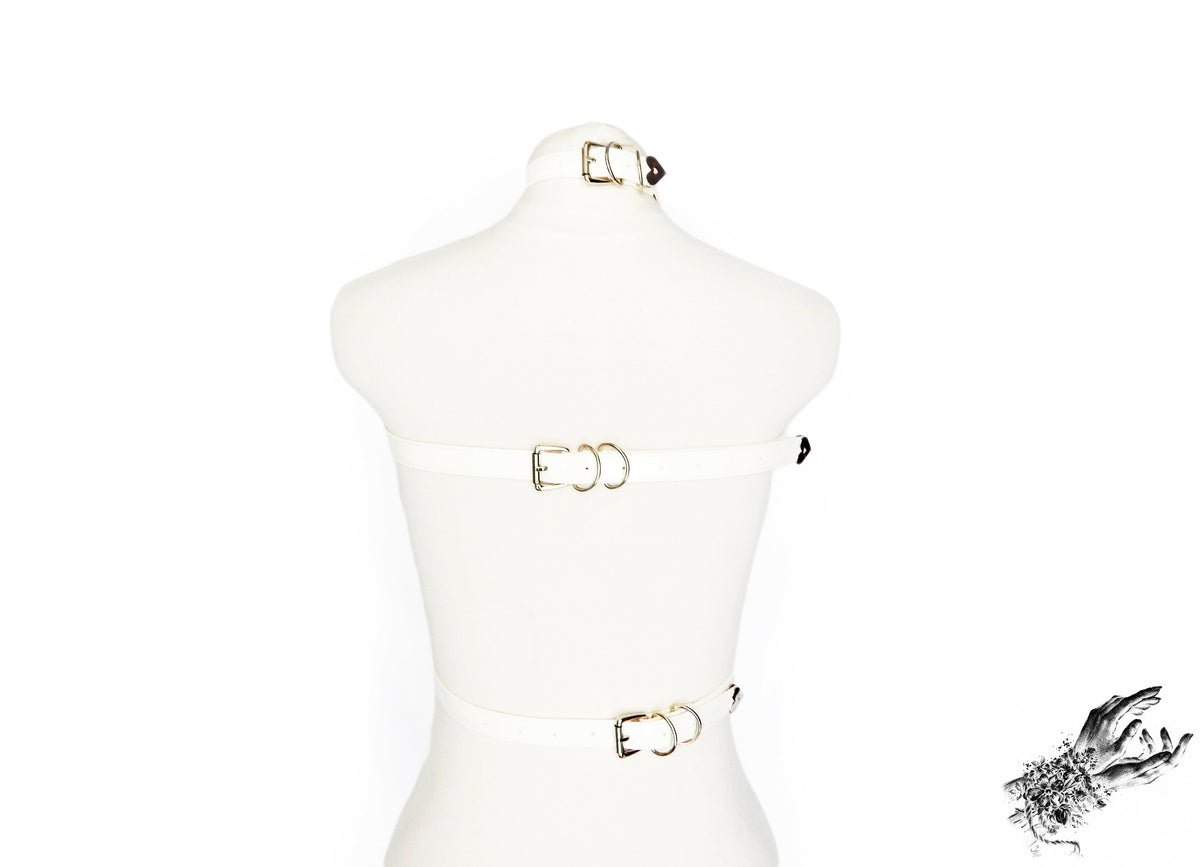White Vegan Leather O Ring and Corset Harness Set