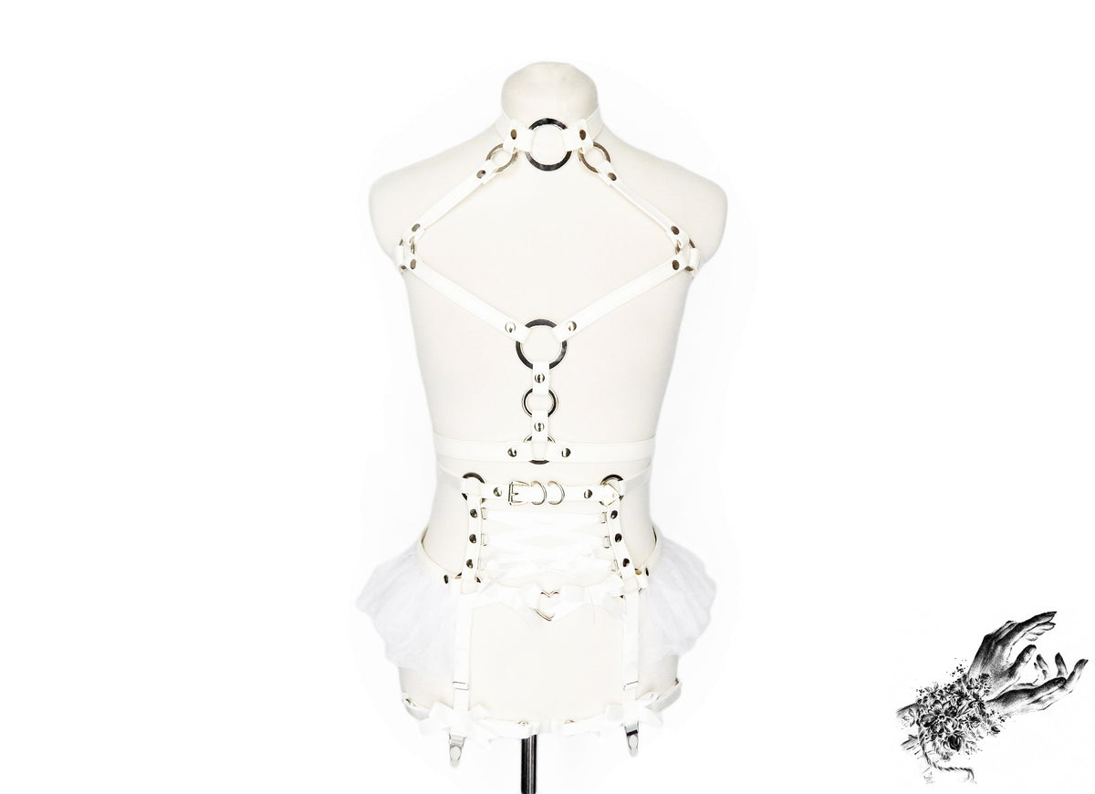 White Vegan Leather O Ring and Corset Harness Set