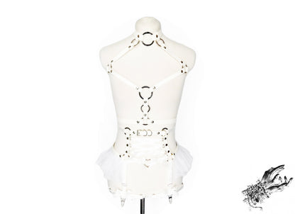 White Vegan Leather O Ring and Corset Harness Set