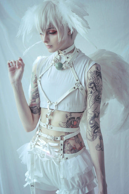 White Vegan Leather O Ring and Corset Harness Set