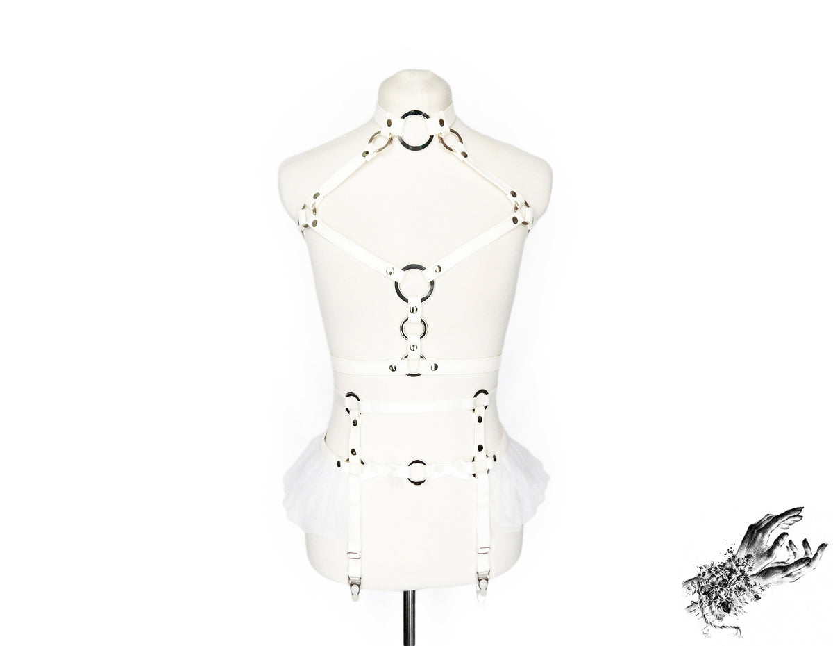 White Vegan Leather O Ring Harness Set