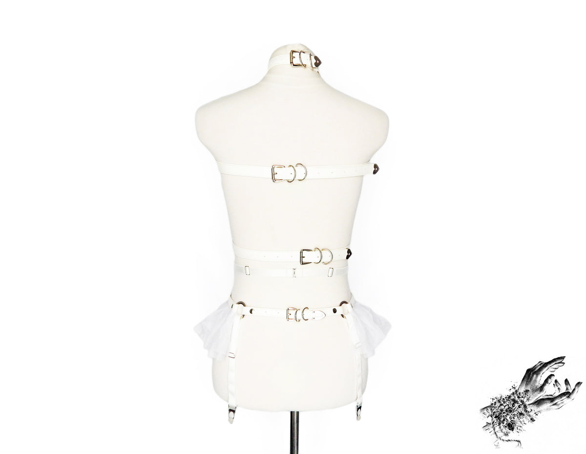 White Vegan Leather O Ring Harness Set