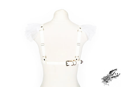 White Vegan Leather Caged Mesh Body Harness Set