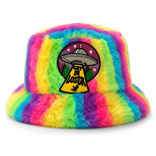 Neon Rainbow UFO Furry Bucket Hat