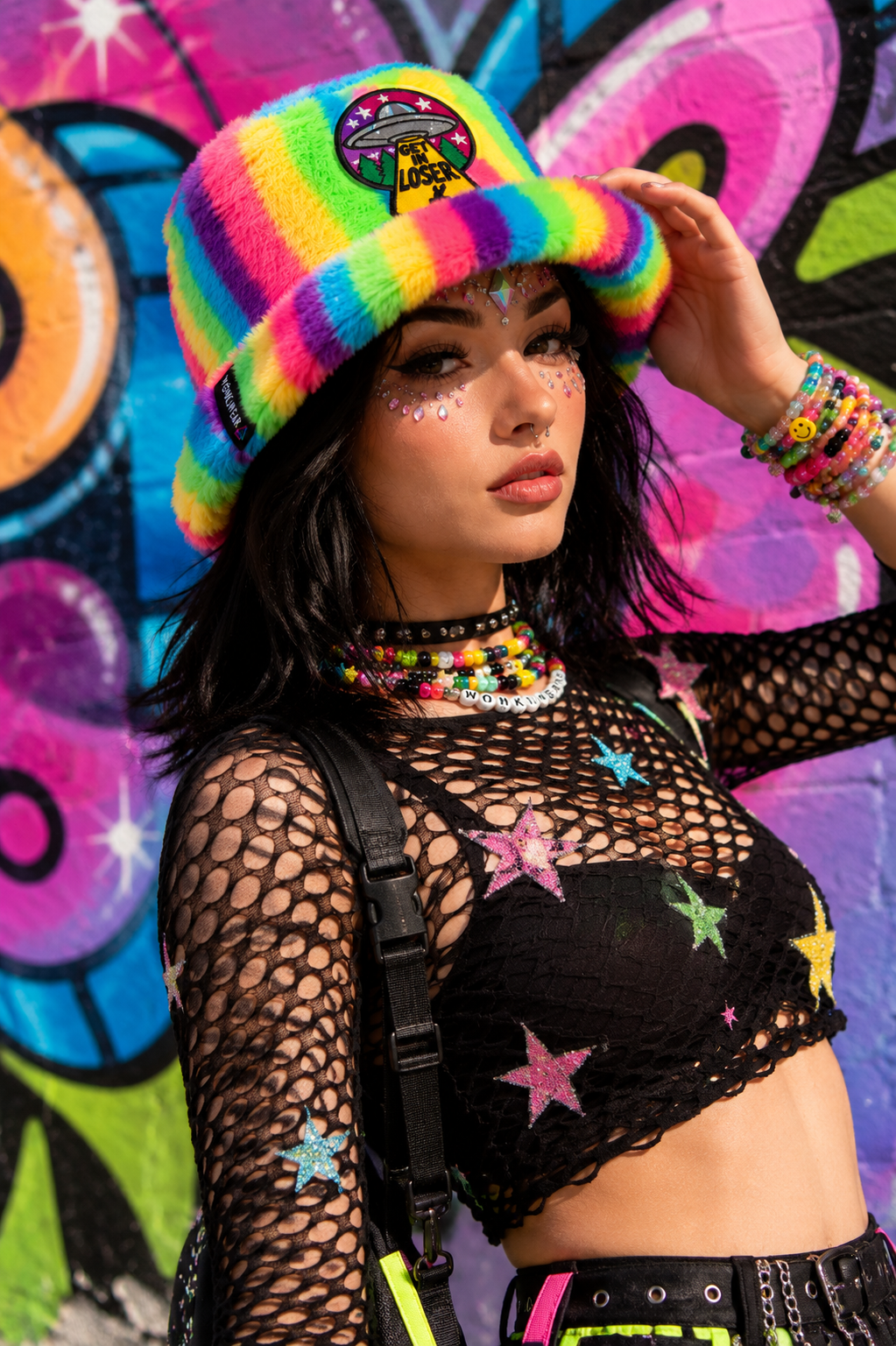 Neon Rainbow UFO Furry Bucket Hat
