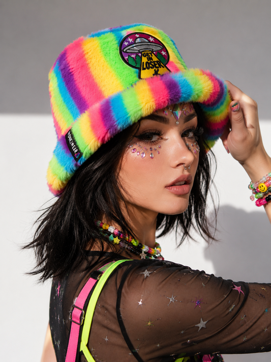 Neon Rainbow UFO Furry Bucket Hat