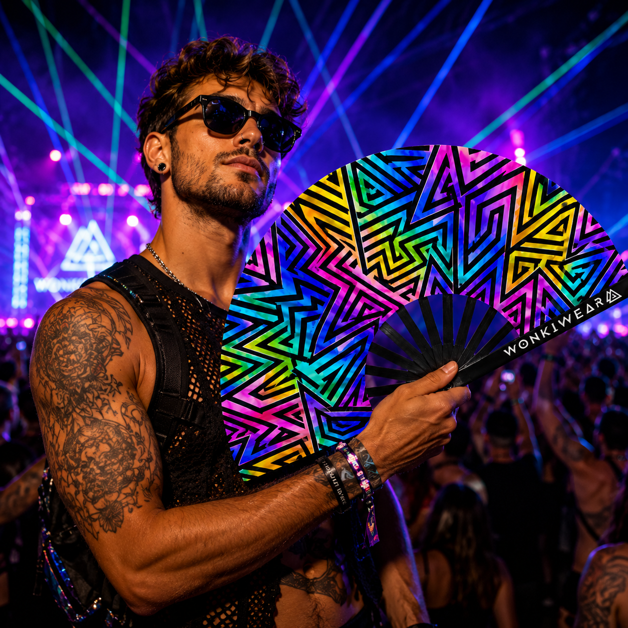 Electric Rainbow XL UV Reactive Festival Fan