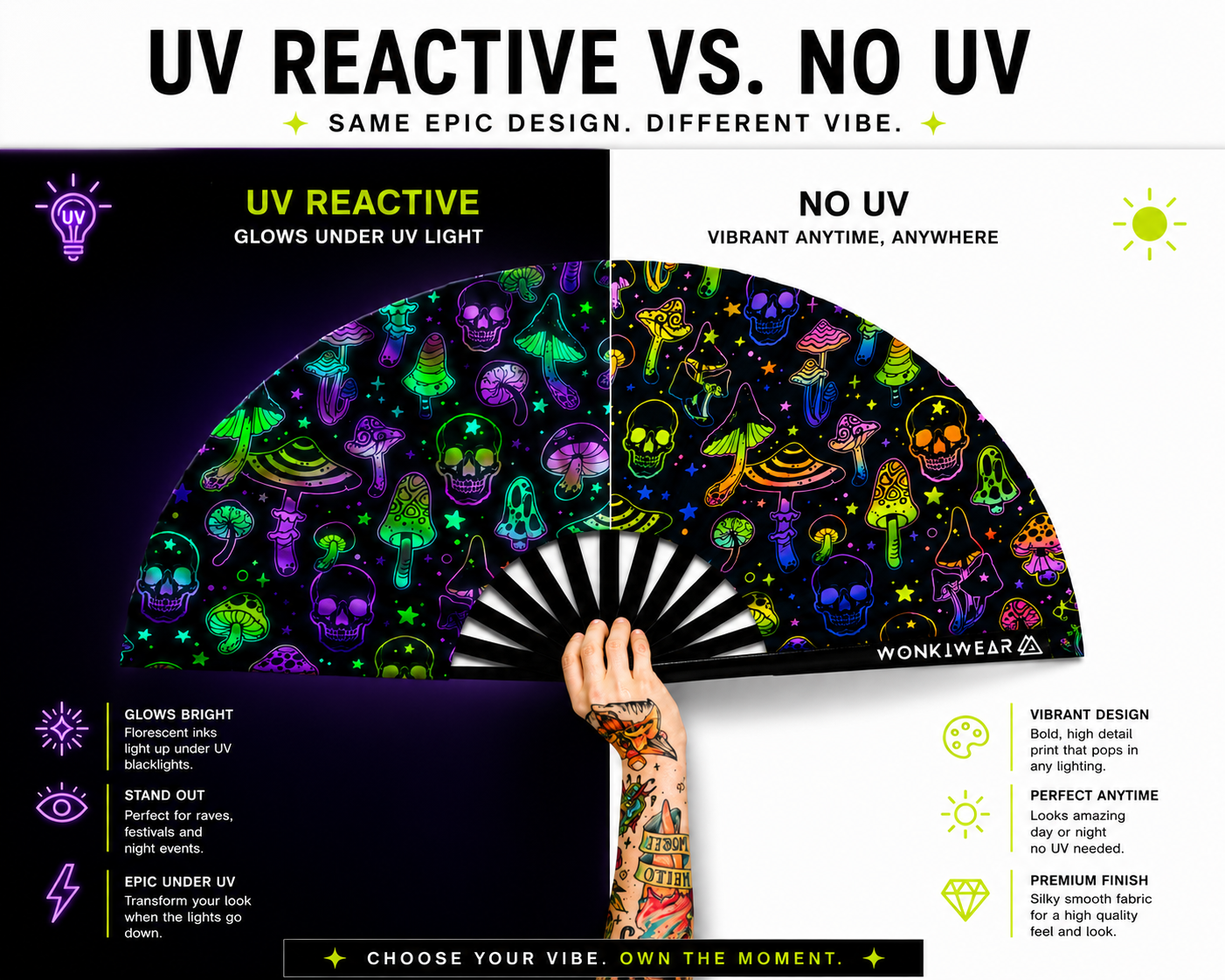 Mushroom & Skulls XL UV Reactive Festival Fan