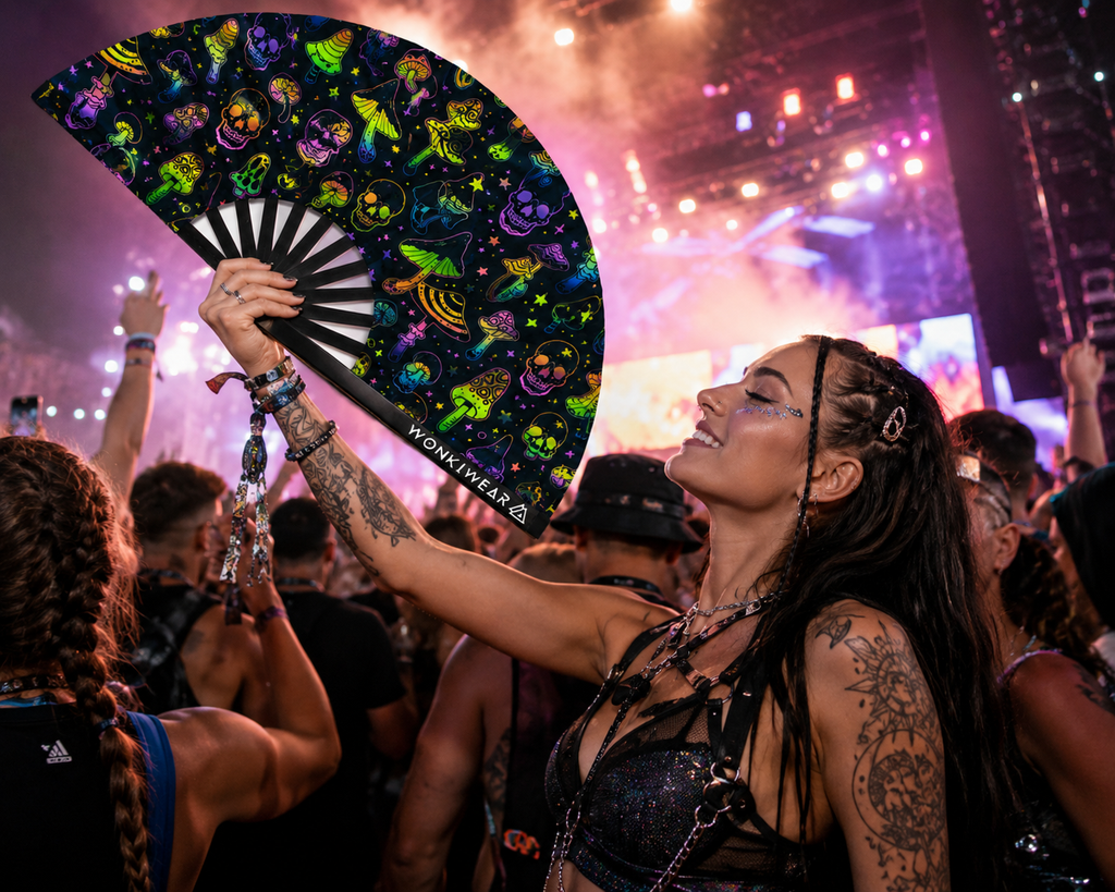 Mushroom & Skulls XL UV Reactive Festival Fan