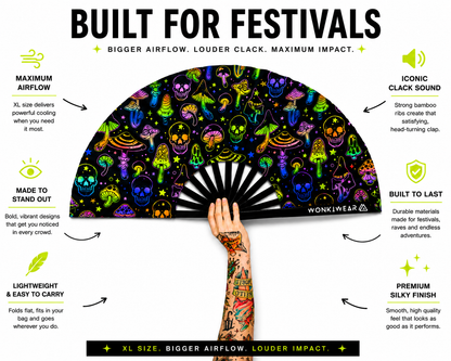 Mushroom & Skulls XL UV Reactive Festival Fan