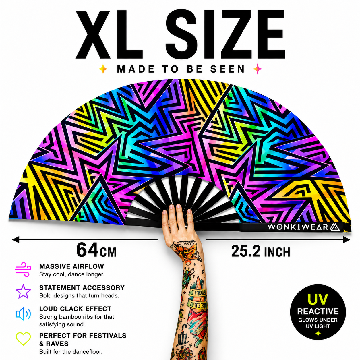 Electric Rainbow XL UV Reactive Festival Fan