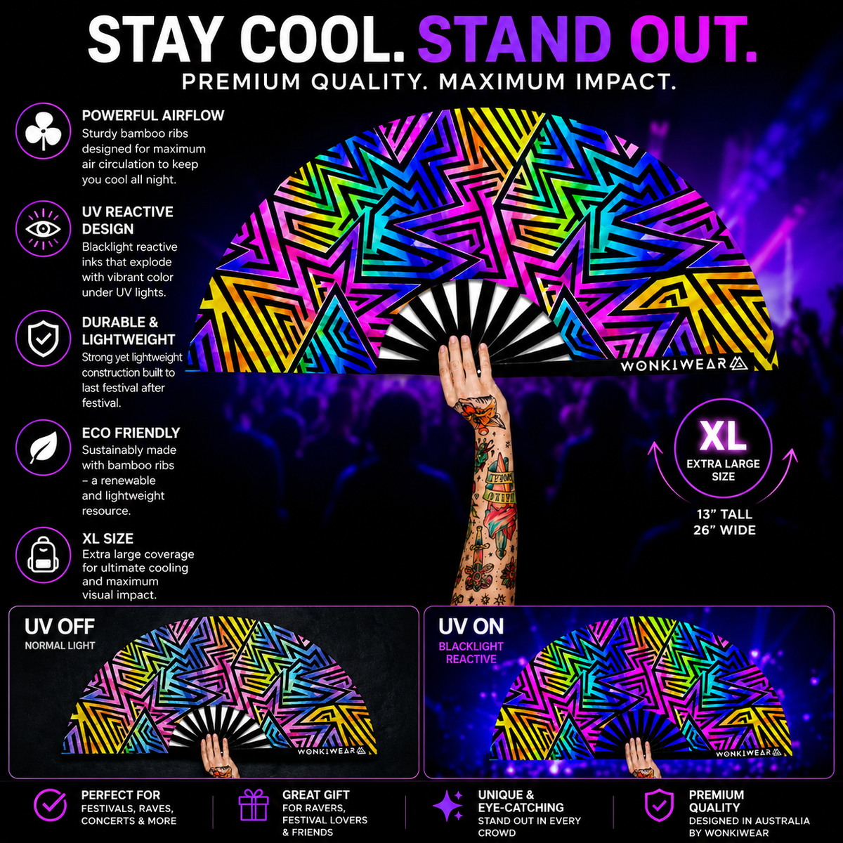 Electric Rainbow XL UV Reactive Festival Fan