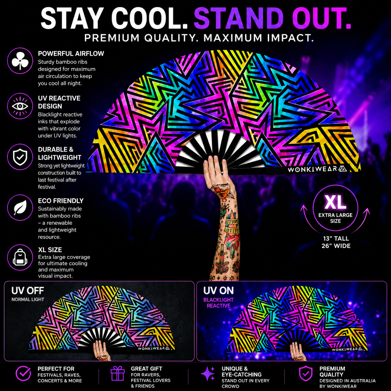 Electric Rainbow XL UV Reactive Festival Fan