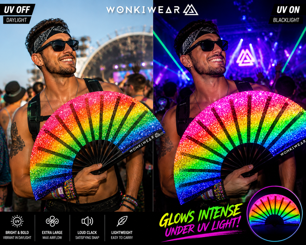 Rainbow Glitter XL UV Reactive Festival Fan