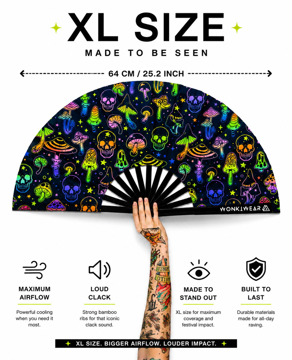 Mushroom & Skulls XL UV Reactive Festival Fan
