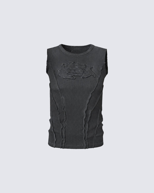 Dark Washed Distressed Sleeveless Ribbed Tank Top