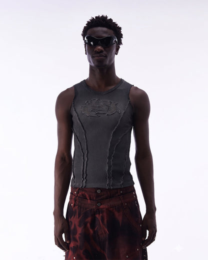 Dark Washed Distressed Sleeveless Ribbed Tank Top
