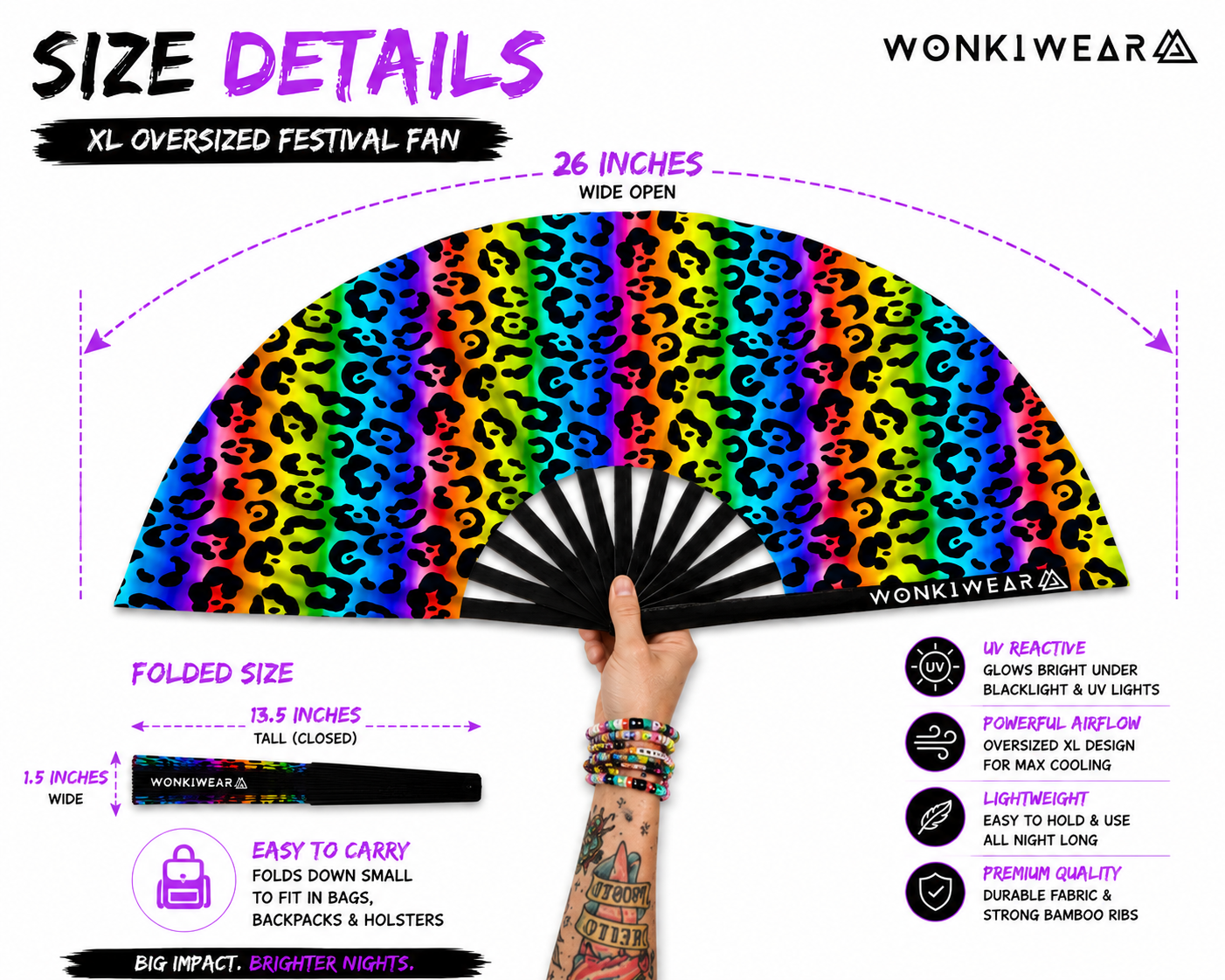 Rainbow Leopard XL UV Reactive Festival Fan