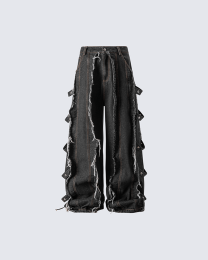 Frayed Patchwork Wide-Leg Denim Pants