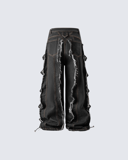 Frayed Patchwork Wide-Leg Denim Pants