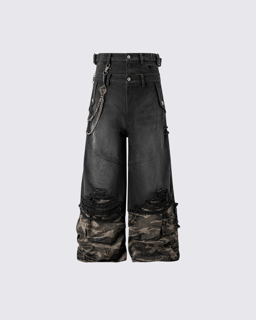 Double-Waist Camo Patchwork Distressed Wide-Leg Pants