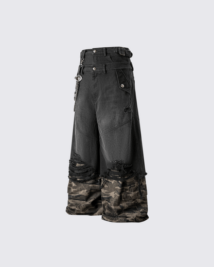 Double-Waist Camo Patchwork Distressed Wide-Leg Pants