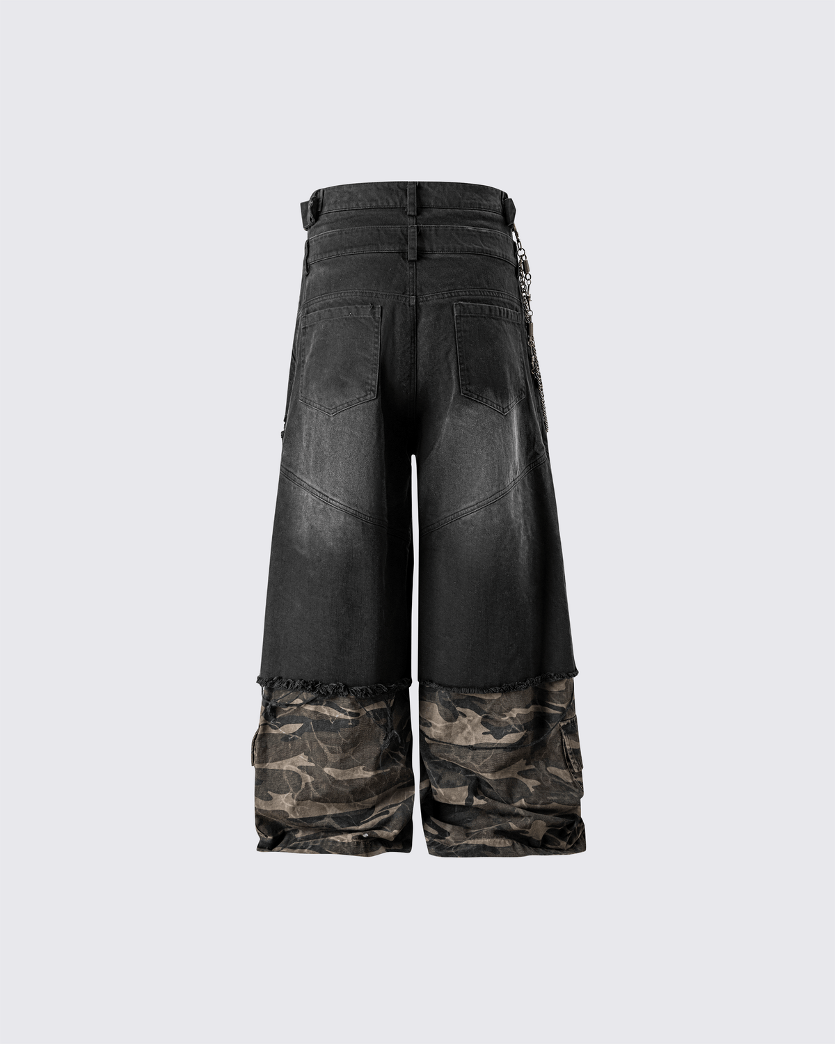 Double-Waist Camo Patchwork Distressed Wide-Leg Pants